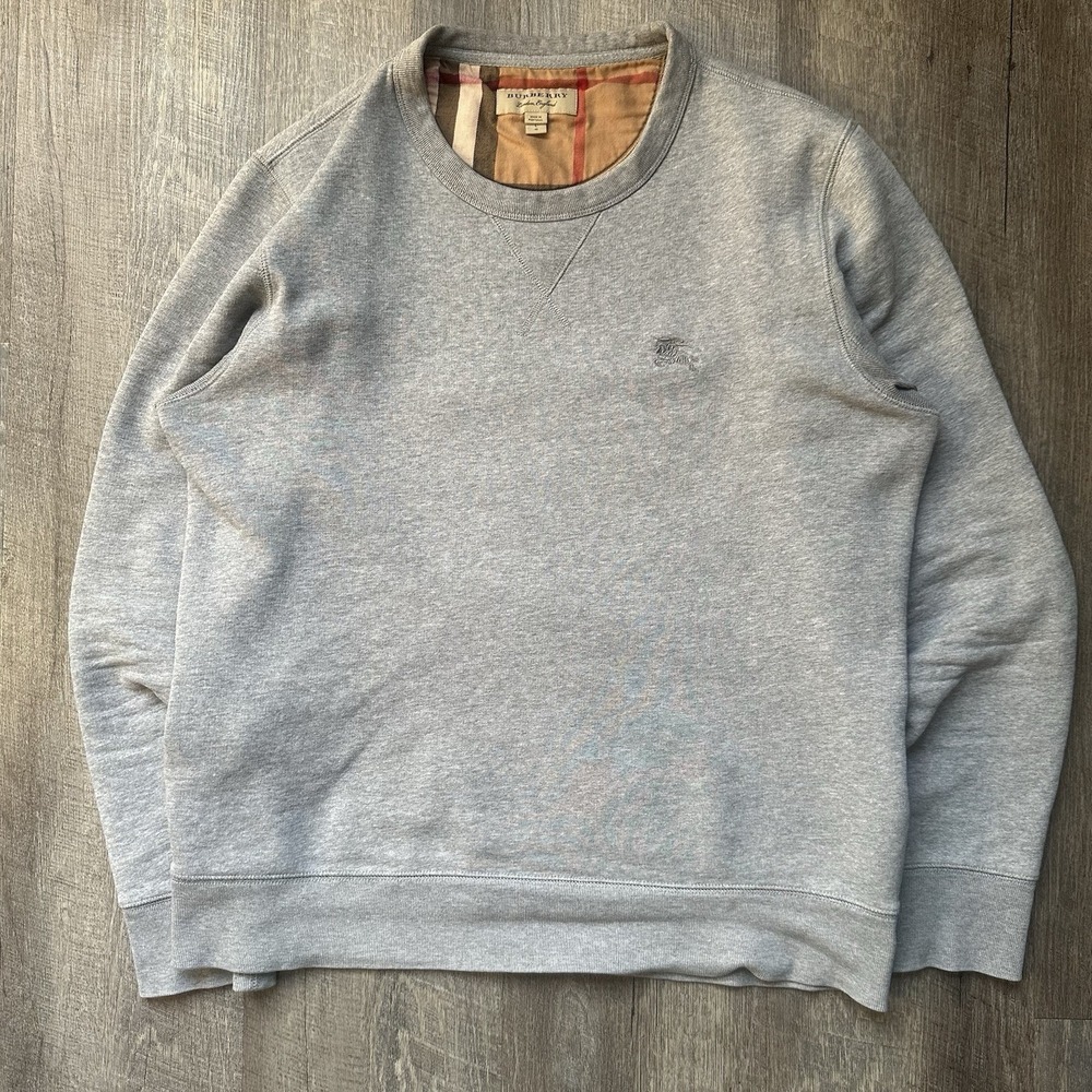 BURBERRY LONDON EMBROIDERED LOGO GREY CREWNECK SWEATSHIRT NOVA CHECK SIZE L
